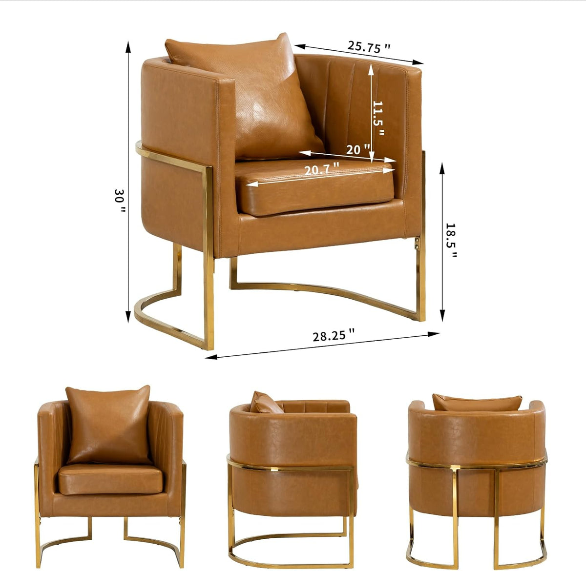 Leather Accent Chairs Set of 2, Mid Century Modern Upholstered Barrel Armchair with Pillow for Living Room, Comfy Single Vanity Chair with Metal Gold Legs for Bedroom, Orange