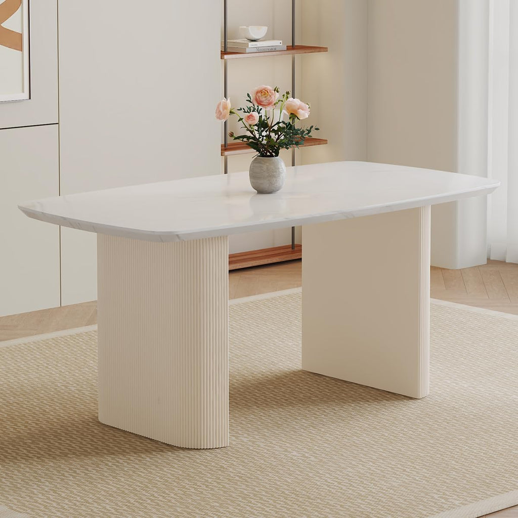 White Oval Dining Table, 67'' Dining Room Table for 4-8 People, Modern Oval Kitchen Table with White Faux Marble Tabletop and Ripple Base, Table Only