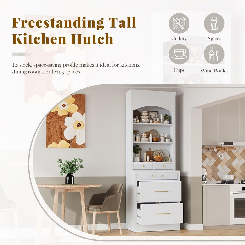 JIJIWANG Modern 83.7inch High Kitchen Pantry, Freestanding Tall Kitchen Hutch with Faux Marble Top, Display Cupboard Cabinet with 5 Storage Drawers and Adjustable Shelf, White