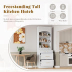 JIJIWANG Modern 83.7inch High Kitchen Pantry, Freestanding Tall Kitchen Hutch with Faux Marble Top, Display Cupboard Cabinet with 5 Storage Drawers and Adjustable Shelf, White