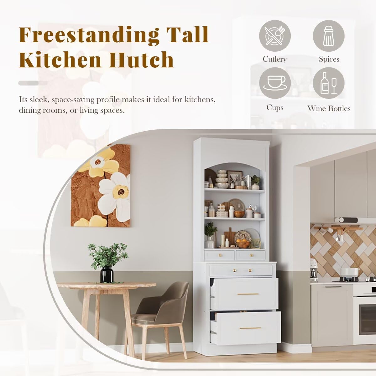 JIJIWANG Modern 83.7inch High Kitchen Pantry, Freestanding Tall Kitchen Hutch with Faux Marble Top, Display Cupboard Cabinet with 5 Storage Drawers and Adjustable Shelf, White