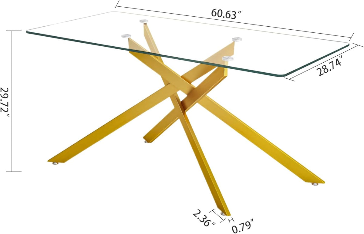 61" Glass Dining Table for 6, Modern Kitchen Dining Room Table with Rectangular Tempered Glass Top and X Metal Legs, Large Gold Glass Dinner Table for Kitchen
