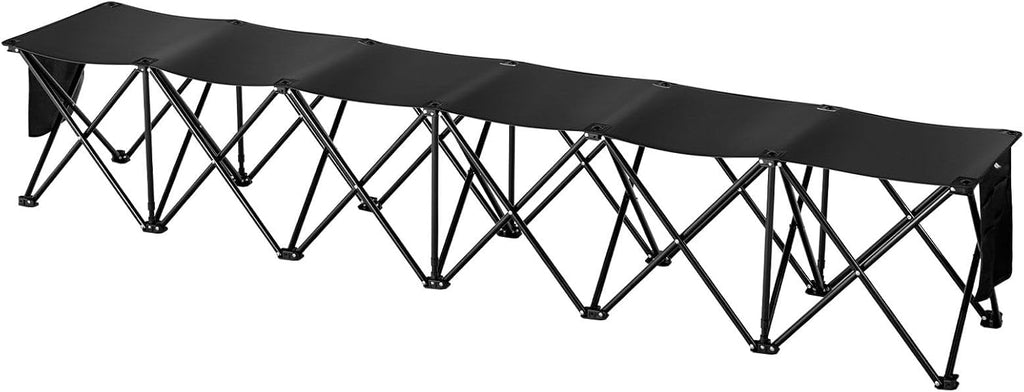 6-Seat Foldable Sports Bench with Side Pockets, Carrying Bag, 600D OxFor Ford Fabric Black for Outdoor Events