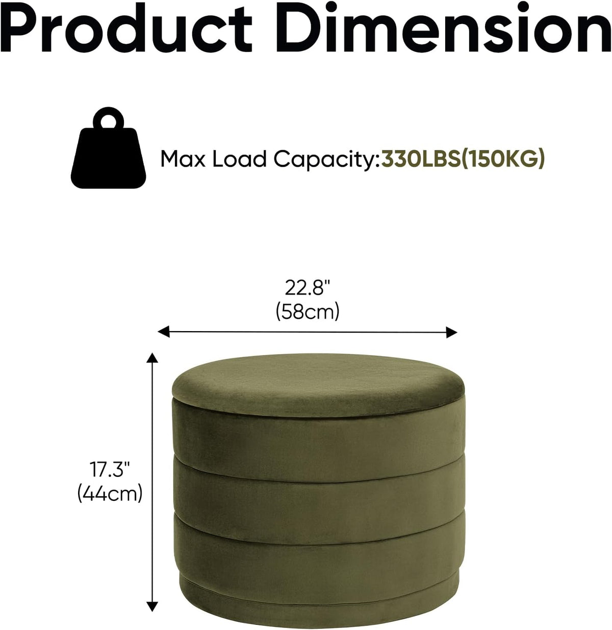 23" Round Velvet Storage Ottoman with Reversible Lid, Soft Padded Footrest and Hidden Storage, Large Upholstere Tray Top Ottoman Footstool for Living Room, Bedroom, Entryway, Olive Grreen