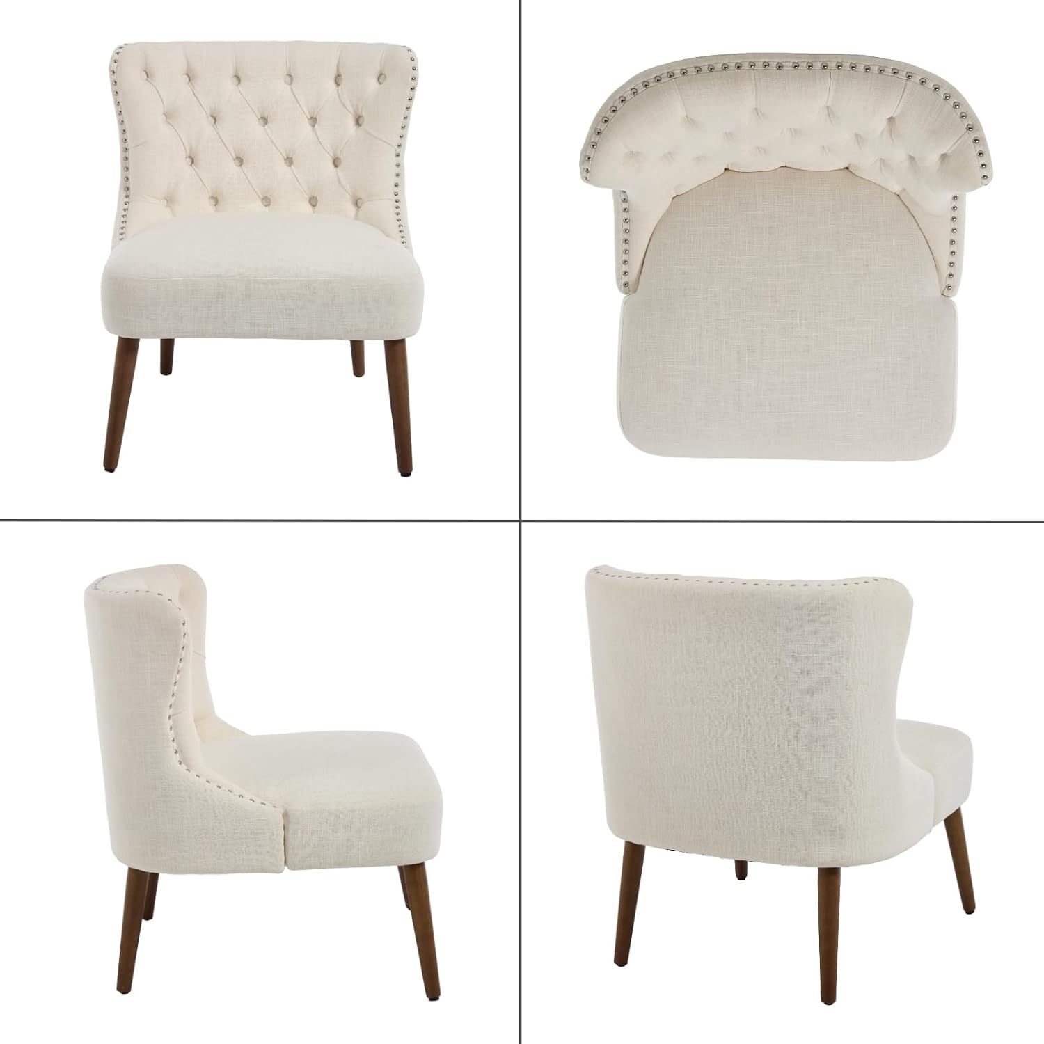 chairus Tufted Slipper Accent Chairs Set of 2, Linen Upholstered Armless Living Room Chairs with Nailhead Trim, Mid-Century Modern Wingback Side Chairs for Bedroom Office Reception, Cream White