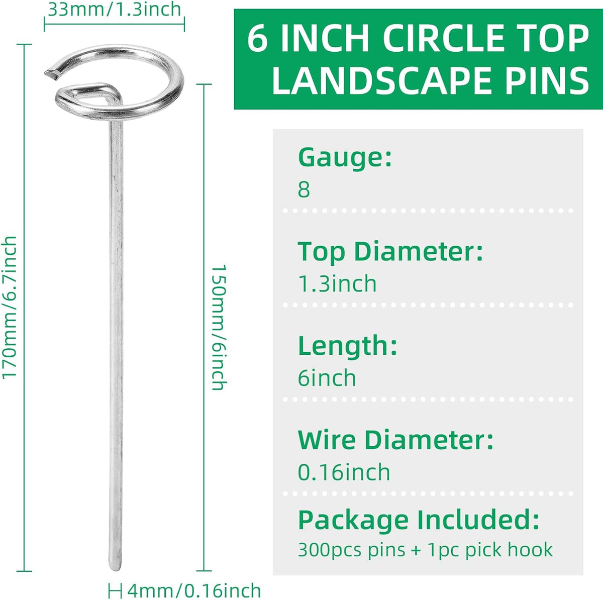 300 Pack 6 Inch Landscape Staples, Thickened 8 Gauge Circle Top Garden Stakes Heavy Duty Galvanized Landscape Fabric Pins for Securing Weed Barrier, Turf, Lawn, Fence, Tent