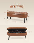 Storage Ottoman Bench, 43.7"PU Leather End of Bed Bench Walnut Brown | Bench with Large Hidden Storage, Tufted Upholstered Seat, Metal Legs, Mid-Century Modern, For Bedroom, Entryway, Living Room