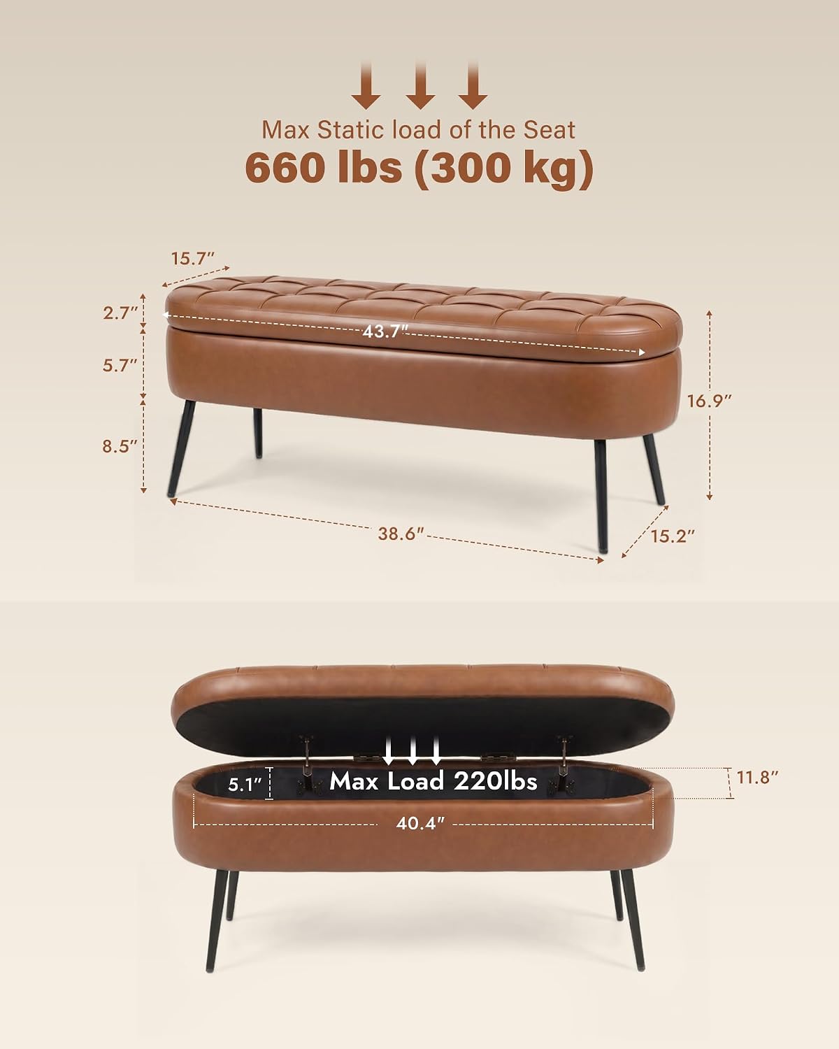 Storage Ottoman Bench, 43.7"PU Leather End of Bed Bench Walnut Brown | Bench with Large Hidden Storage, Tufted Upholstered Seat, Metal Legs, Mid-Century Modern, For Bedroom, Entryway, Living Room