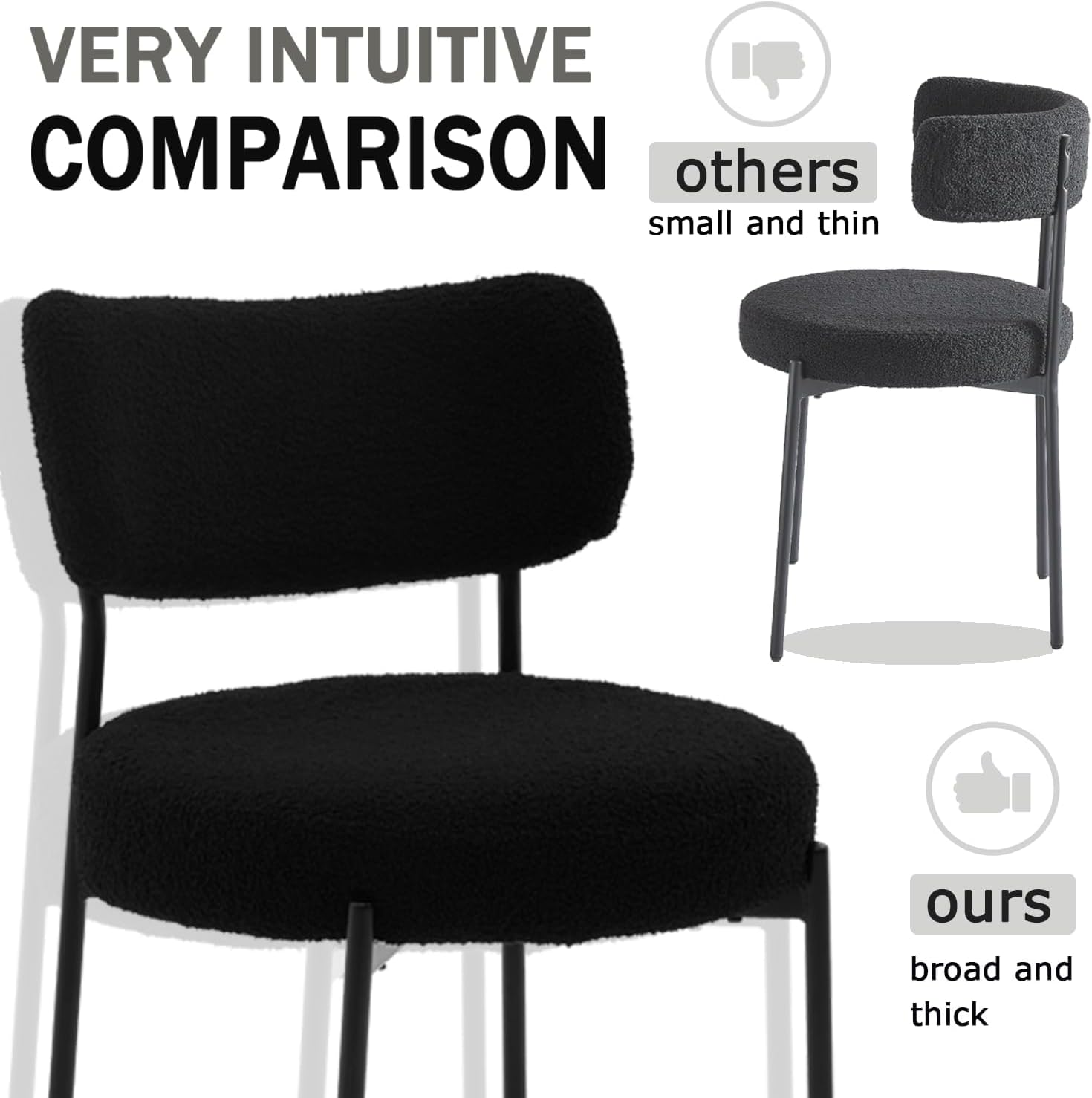 Black Boucle Dining Chairs Set of 6, Upholstered Dinner Chair with Metal Frame, Dining Room Chairs with Padded Seat, Round Modern Seating for Living Room