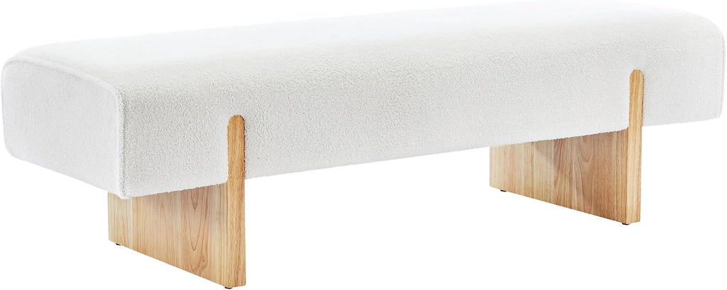 ONEVOG 55" End of Bed Bench with Upholstered Cushion & Natural Solid Wood Legs, Modern Long Ottoman Seat Foot Stool for Bedroom/Entryway/Living Room/Hallway, Support 450lbs, Boucle Fabric, White