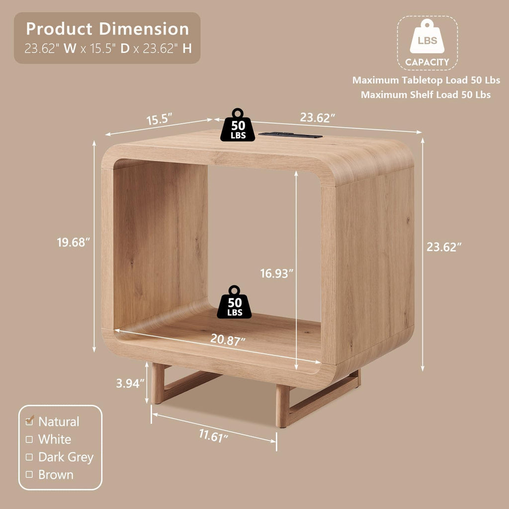 IFGET 23.6" Modern End Table, 2 Tier Side Table with Charging Station, Simple Bedside Table with Open Storage Shelf, Outlet, Wooden Nightstand for Bedroom, Living Room, Easy Assembly, Natural Oak