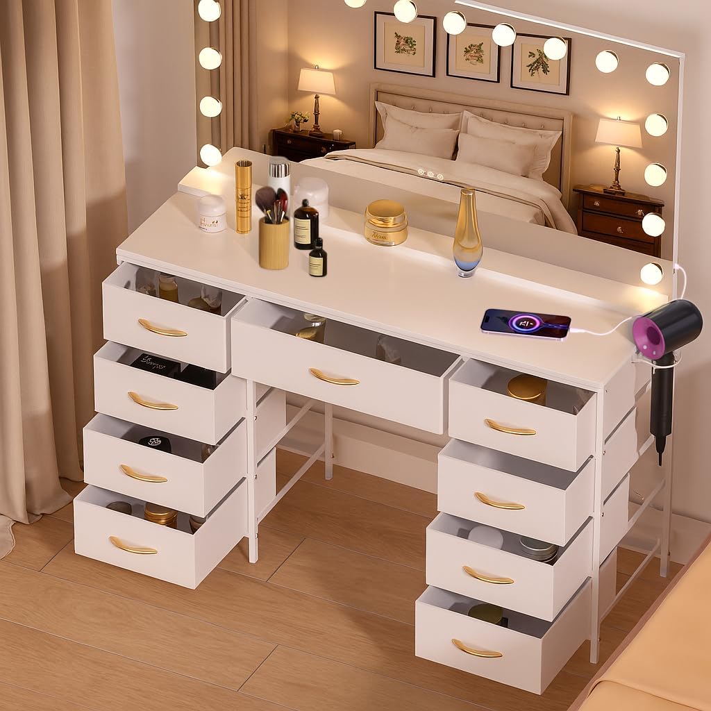 COMHOMA Vanity Desk with Large Mirror,15 LED Bulbs and Power Outlet,Makeup Table with 9 Storage Drawers and HD Mirrors,3 Color Modes Adjustable Lighting for Bedroom Dressing Room (White, 47inch)