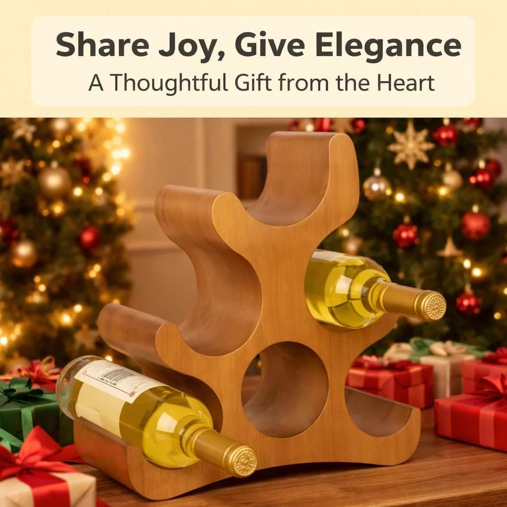 Wooden Wine Rack – Countertop & Freestanding Display – Holds 6 Bottles, Wall-Mountable, Elegant Curved Wine Storage (Brown)