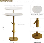 WHGBJA Adjustable Drink Table, 10"x12"x(22“~30") Martini Table with Metal Antique Brass Stand Base, Drink Tables for Small Spaces, Living Room, Bedroom, Or Office (White)