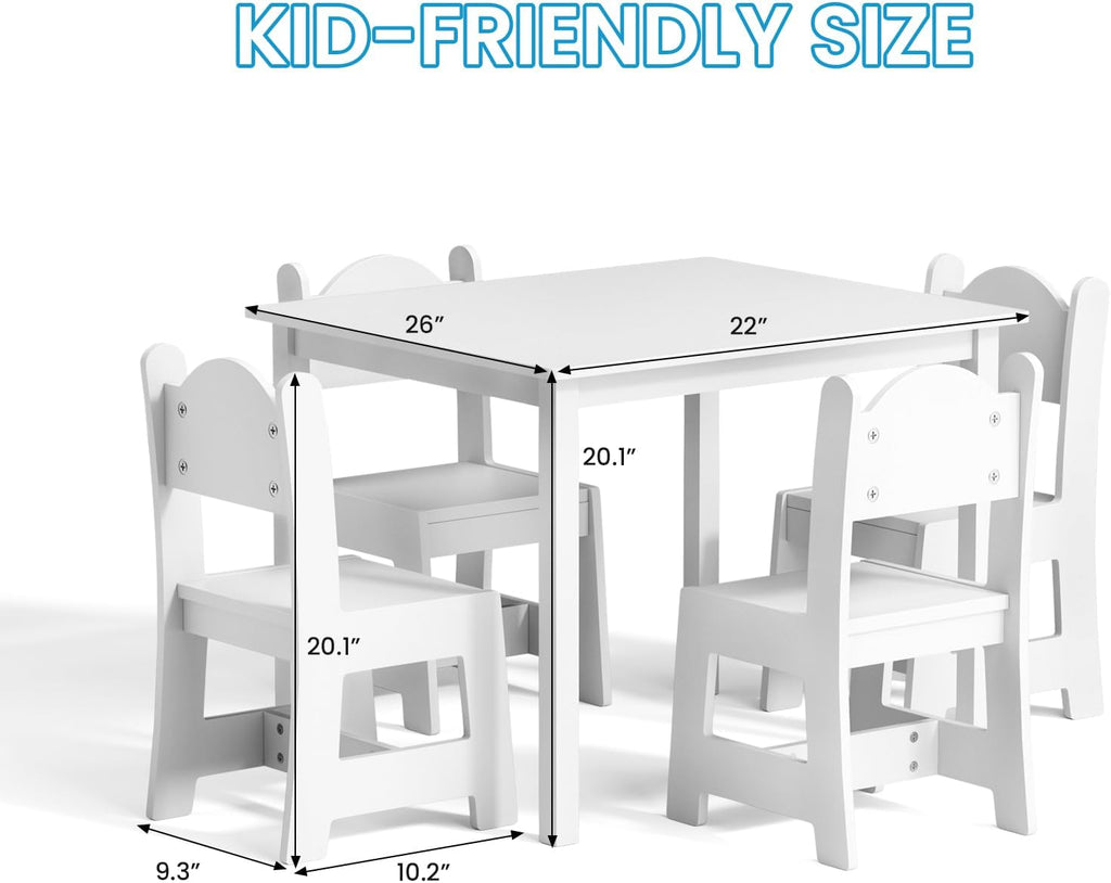 Bonnlo Kids Table and Chairs Set, Children’s Activity Table with Ergonomic Chairs, Fits 2 or 4 Chairs, Multi-Activity Table for Arts & Crafts, Snacks, Playroom and Nursery (White, with 4 Chairs)