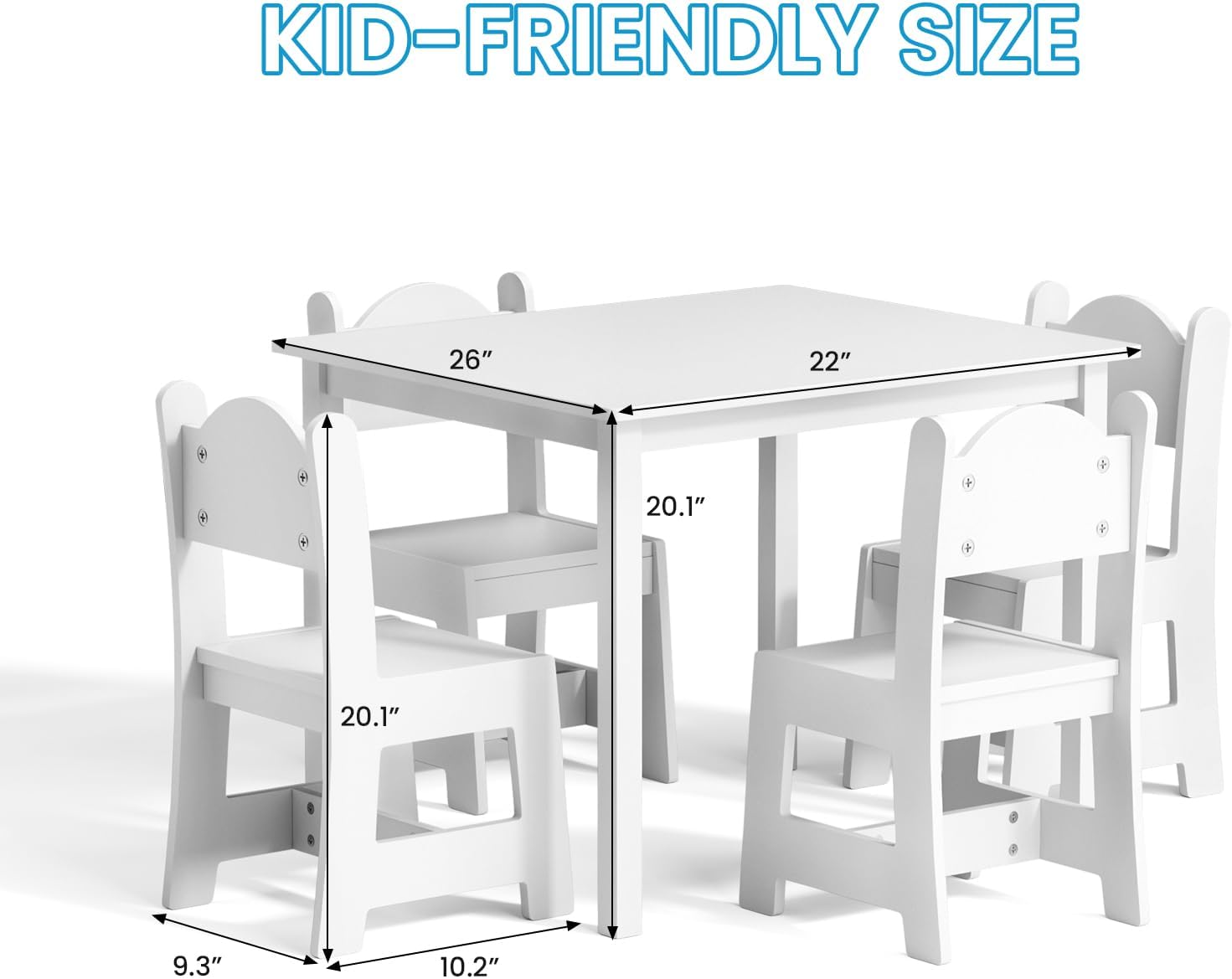 Bonnlo Kids Table and Chairs Set, Children’s Activity Table with Ergonomic Chairs, Fits 2 or 4 Chairs, Multi-Activity Table for Arts & Crafts, Snacks, Playroom and Nursery (White, with 4 Chairs)