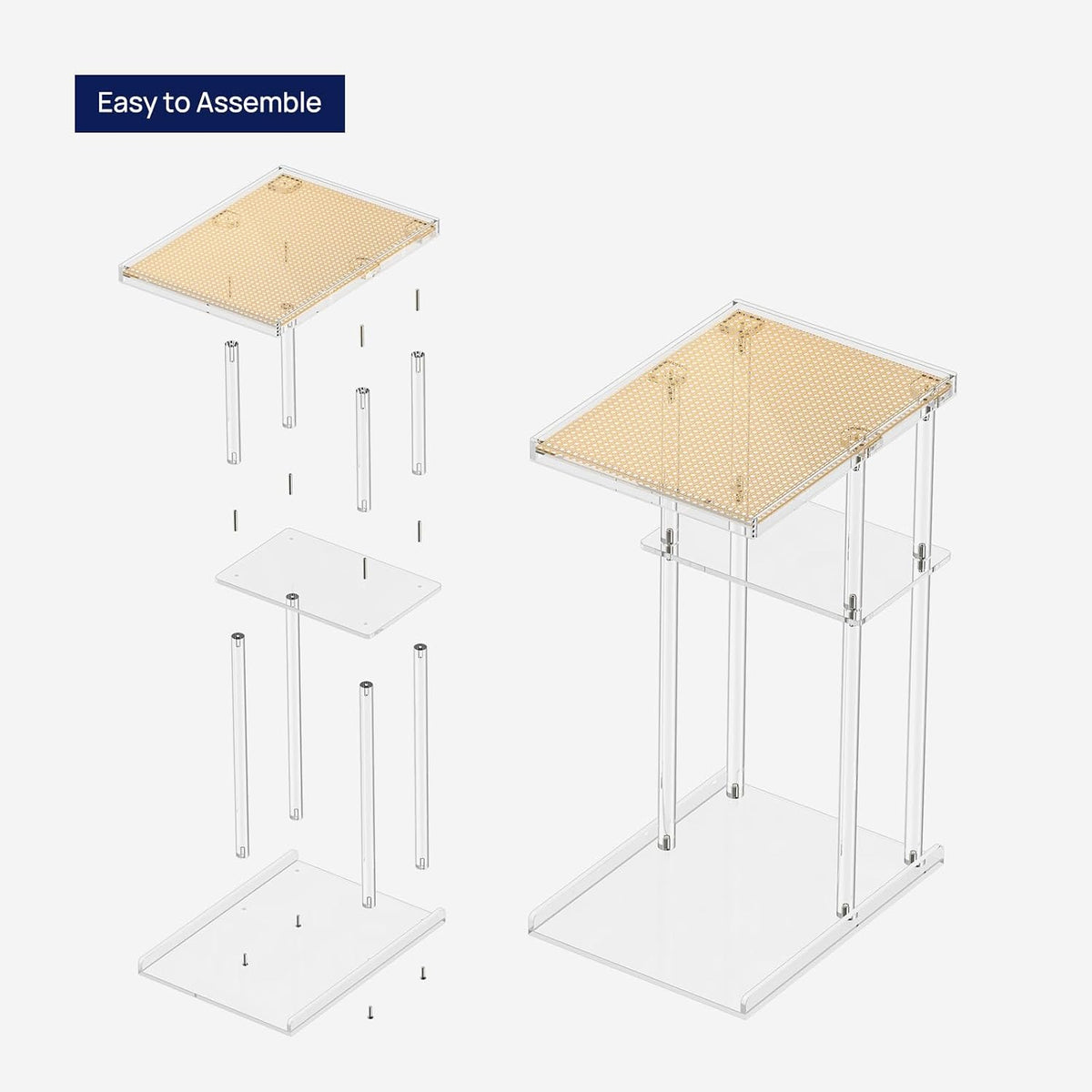 HMYHUM Acrylic C-Shaped End Table, 3-Tier Clear Side Table for Couch, Living Room, Bedroom, Small Spaces, 15.5''L x 11.6''W x 25''H, Woven Rattan Interlayer