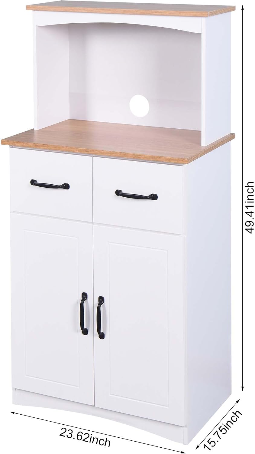 49''H Kitchen Cabinet with Countertop, Kitchen Pantry Cabinets with Doors/Drawers/Power Outlet, Freestanding Pantry Cabinet with Microwave Shelf & Wine Rack for Dining Room (White + MDF + Small)