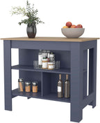 Ash and Blue Kitchen Island with Open Shelf, Particle Board | Two-tone finish with open shelves for organized storage
