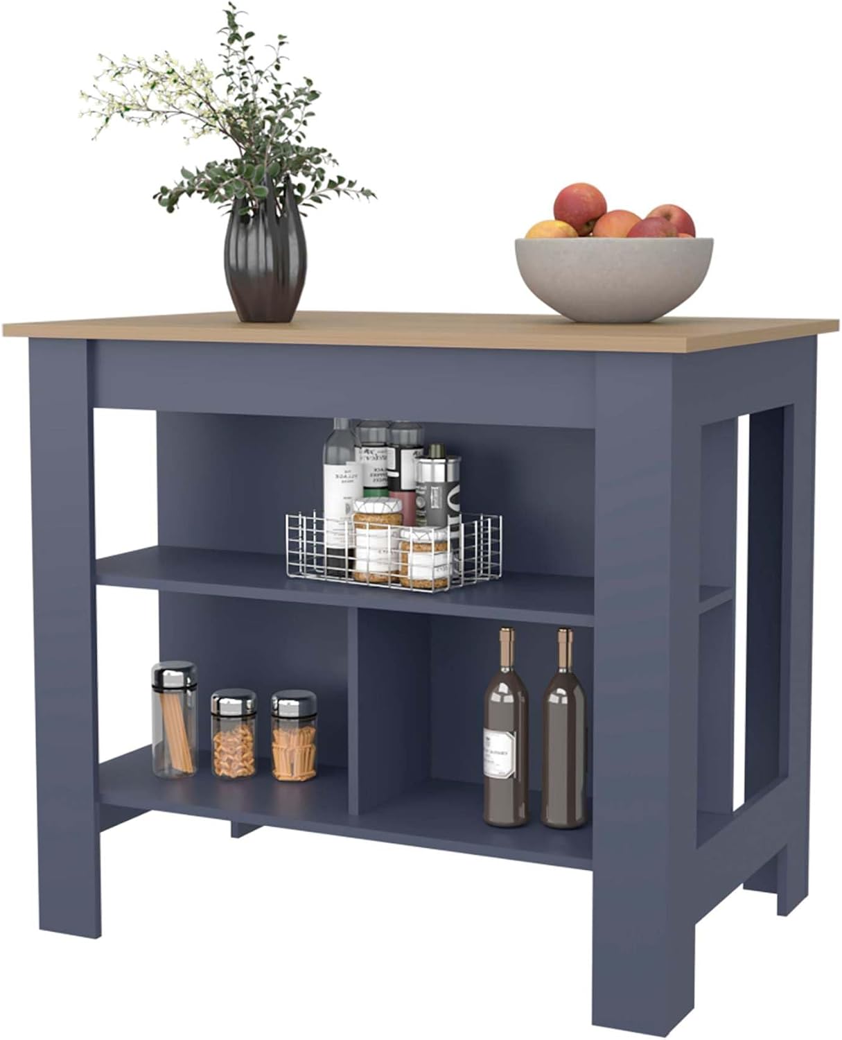 Ash and Blue Kitchen Island with Open Shelf, Particle Board | Two-tone finish with open shelves for organized storage