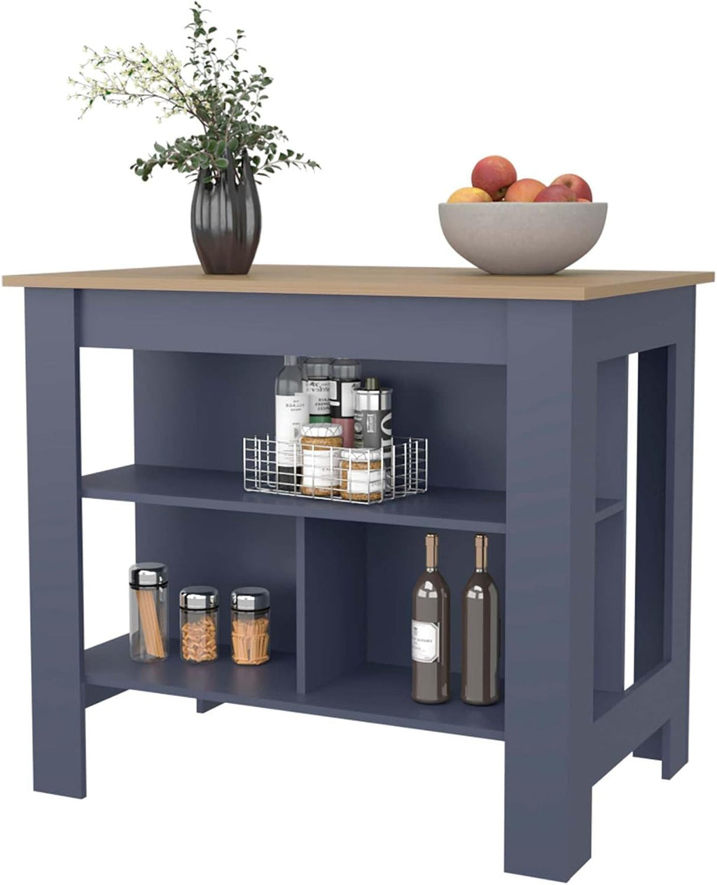 Ash and Blue Kitchen Island with Open Shelf, Particle Board | Two-tone finish with open shelves for organized storage