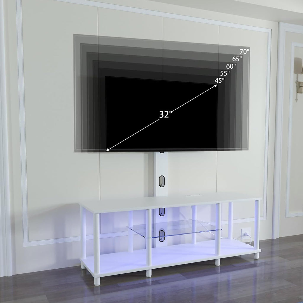 TV Stand with Mount and Led Light，White TV Stand with Power Outlets for 32/40/43/50/55/60/65/70 Inch TV,Entertainment Center with Open Storage Shelf for Bedroom/Living Room/Office
