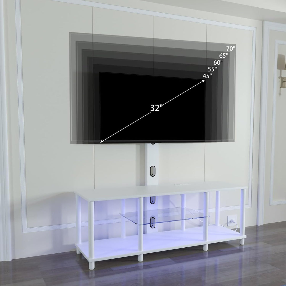 TV Stand with Mount and Led Light，White TV Stand with Power Outlets for 32/40/43/50/55/60/65/70 Inch TV,Entertainment Center with Open Storage Shelf for Bedroom/Living Room/Office