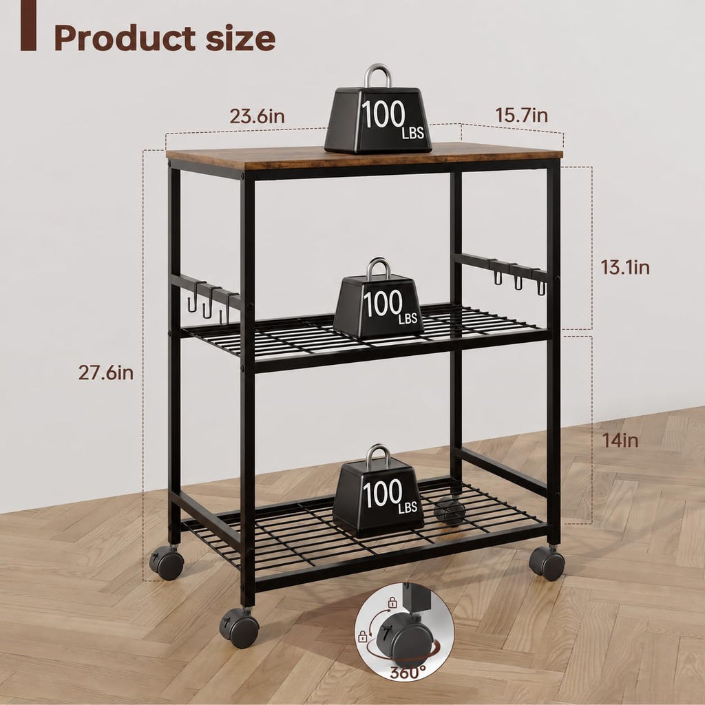 itchen Rolling Cart, 3-Tier Microwave Stand with Lockable Wheels, One-Piece Shelf, Kitchen Utility Storage Cart for Coffee Bar,Apartment, Dorm, Laundry Room, Office, 23.6" x 15.7" x 27.6", Brown