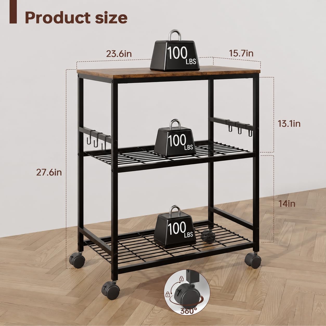 itchen Rolling Cart, 3-Tier Microwave Stand with Lockable Wheels, One-Piece Shelf, Kitchen Utility Storage Cart for Coffee Bar,Apartment, Dorm, Laundry Room, Office, 23.6" x 15.7" x 27.6", Brown