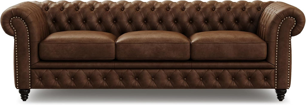 Valencia Parma 92" Leather Chesterfield Sofa, Premium Leather Upholstery, 3 Seater with Button-Tufted Back, Solid Wood Feet, Mid-Century Modern Design for Living Room (Lipari Chocolate)