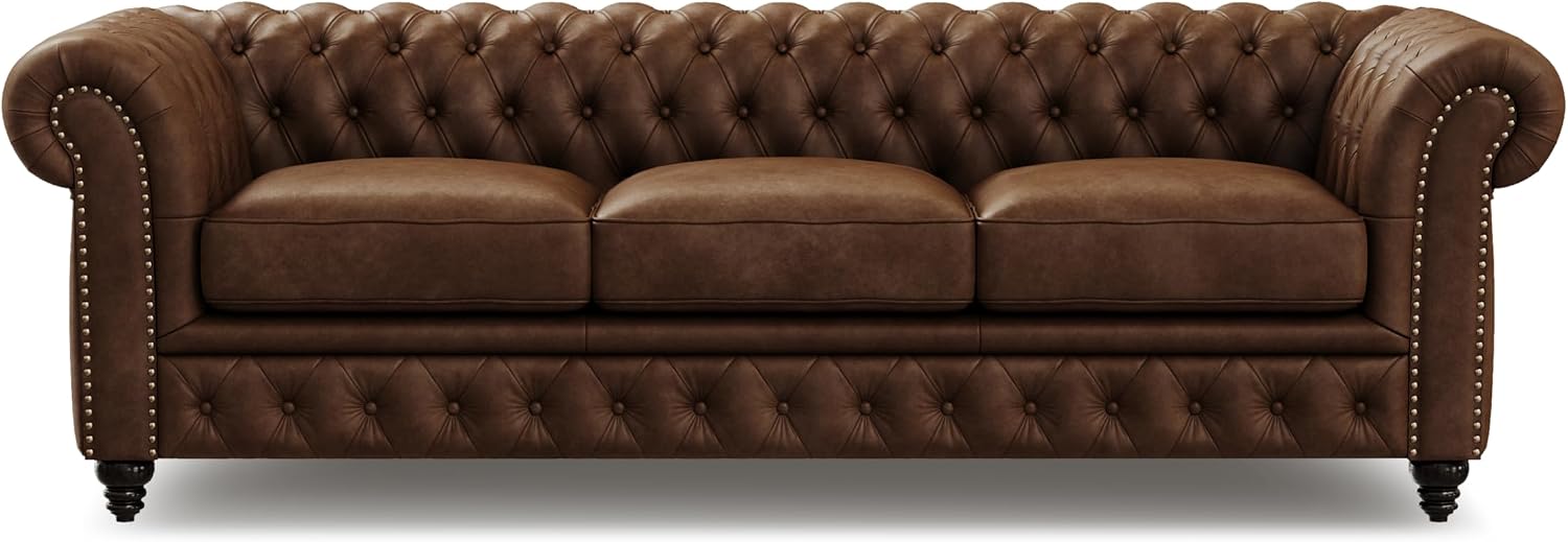 Valencia Parma 92" Leather Chesterfield Sofa, Premium Leather Upholstery, 3 Seater with Button-Tufted Back, Solid Wood Feet, Mid-Century Modern Design for Living Room (Lipari Chocolate)