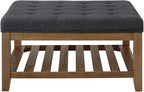 24KF Large Square Upholstered Tufted Linen Ottoman Coffee Table, Large Footrest Ottoman with Solid Wood Shelf- Charcoal