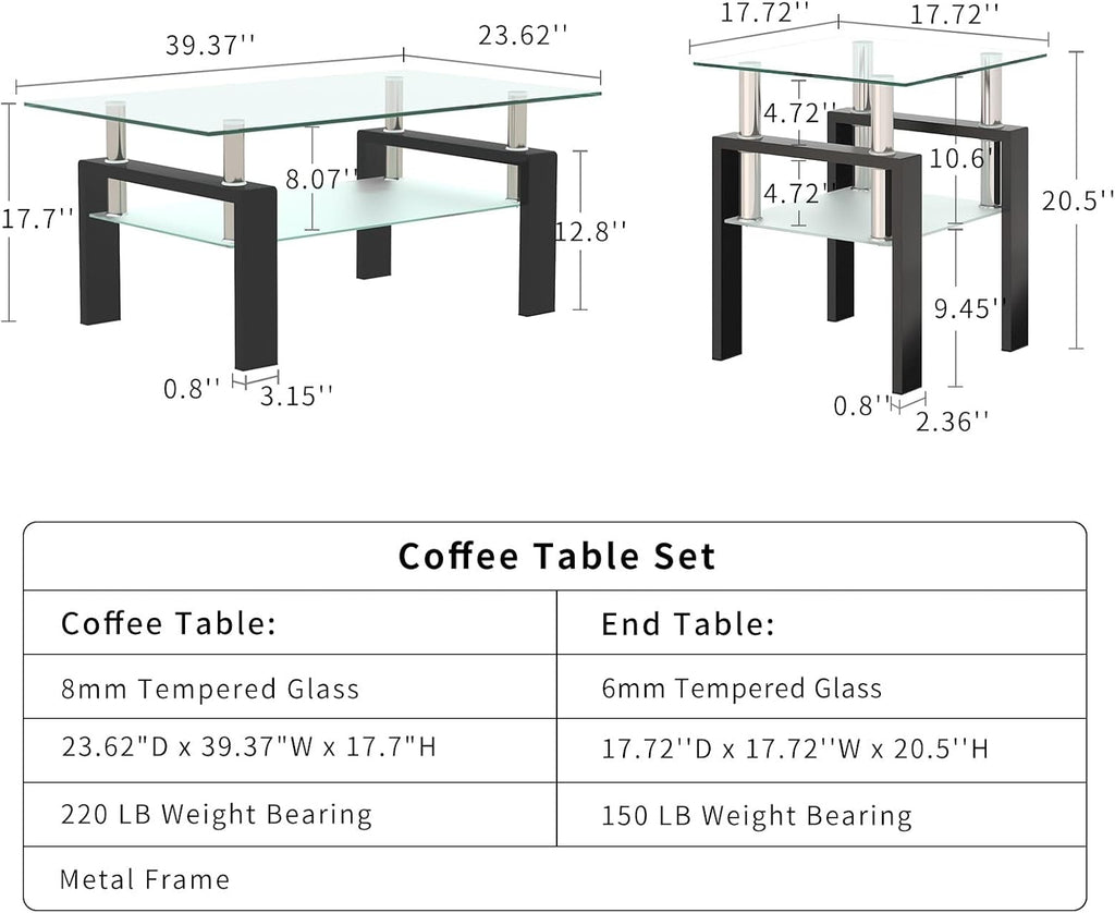 ODUSE-DAILY Glass Coffee Table - Black Metal Frame Set of 3 Living Room Table Set