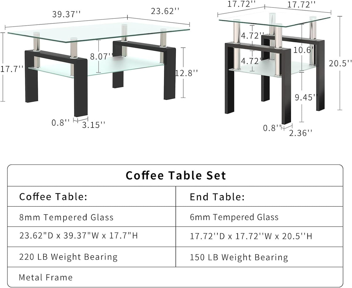 ODUSE-DAILY Glass Coffee Table - Black Metal Frame Set of 3 Living Room Table Set