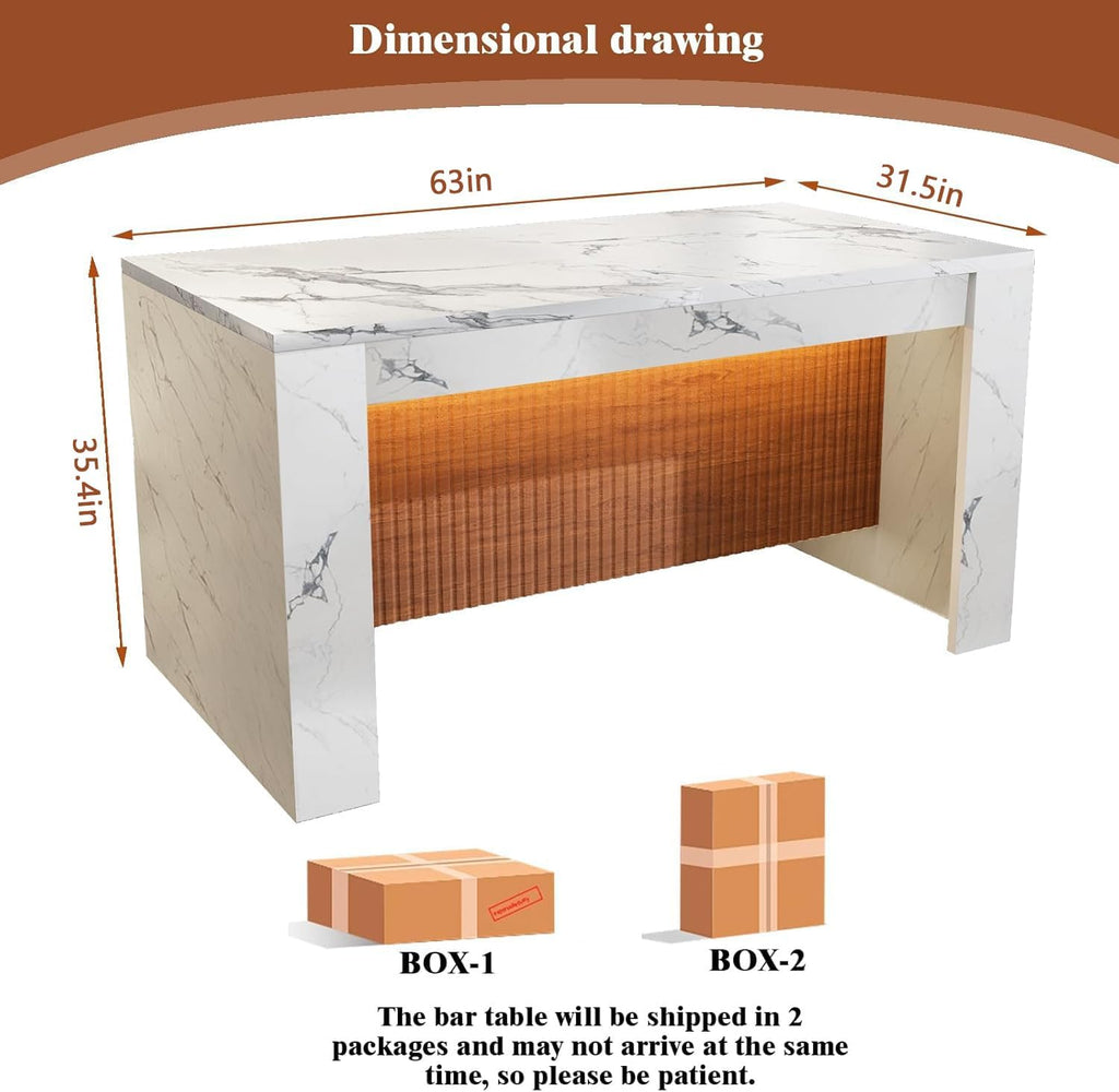 63"*35.4" Large Imitation Marble Dining Table, Mordern Bar Marble Stripes Kitchen Dining Table with Grille Design for 4 5 6 7 People, Island Table with LED Lights for Home Kitchen Living Room.