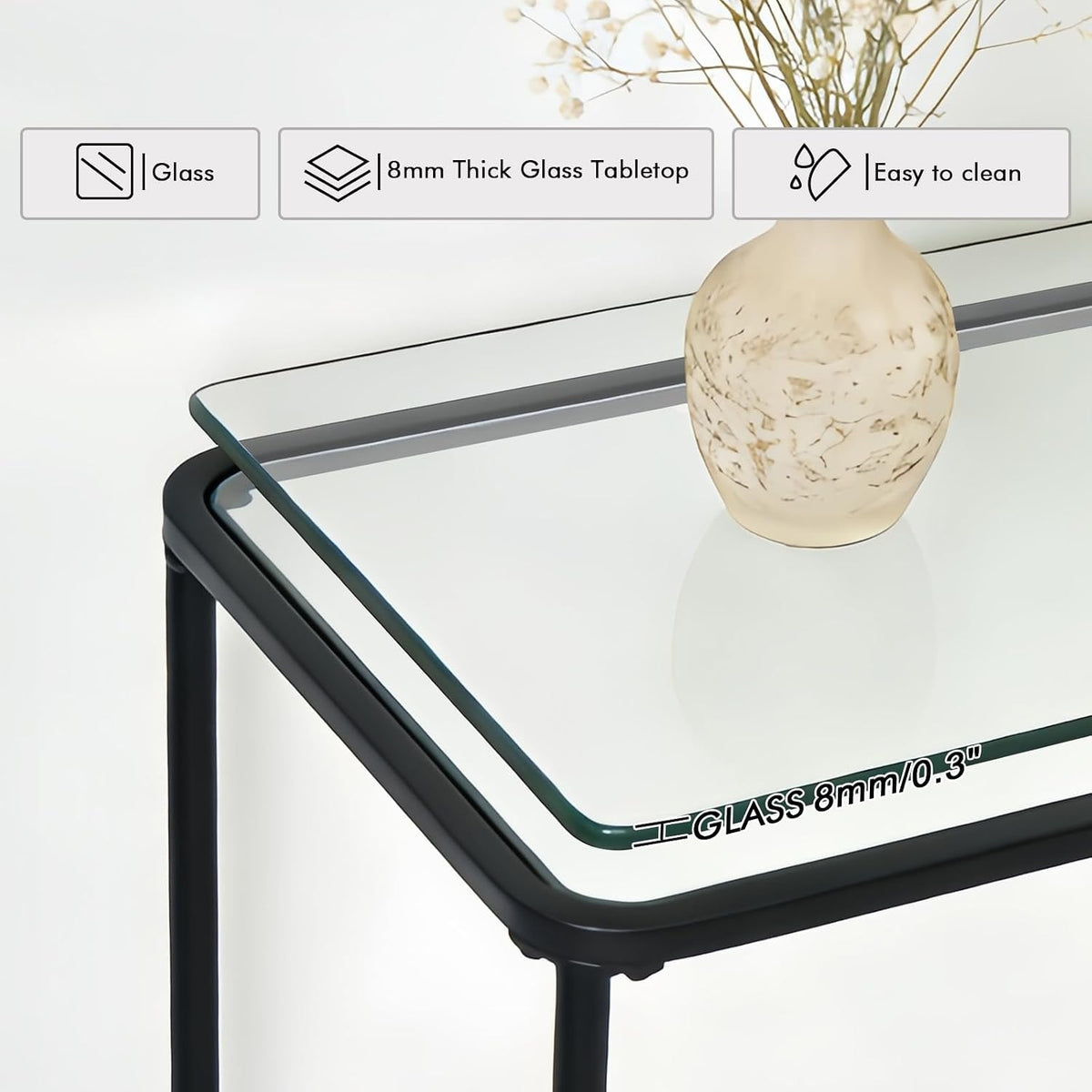 DDK Narrow Console Table 47 Inch, Thin Sofa Side Table with Glass Top & Metal Frame, Entryway Table with Open Storage for Hallway Living Room, Modern Slim Console Table for Small Spaces