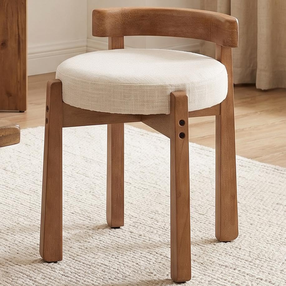 HNY Modern Linen Ottoman- Low-Back Makeup Seat & Lounge Footrest with Solid Wood Frame, Casual Style for Bedroom Dressing Area, Beige