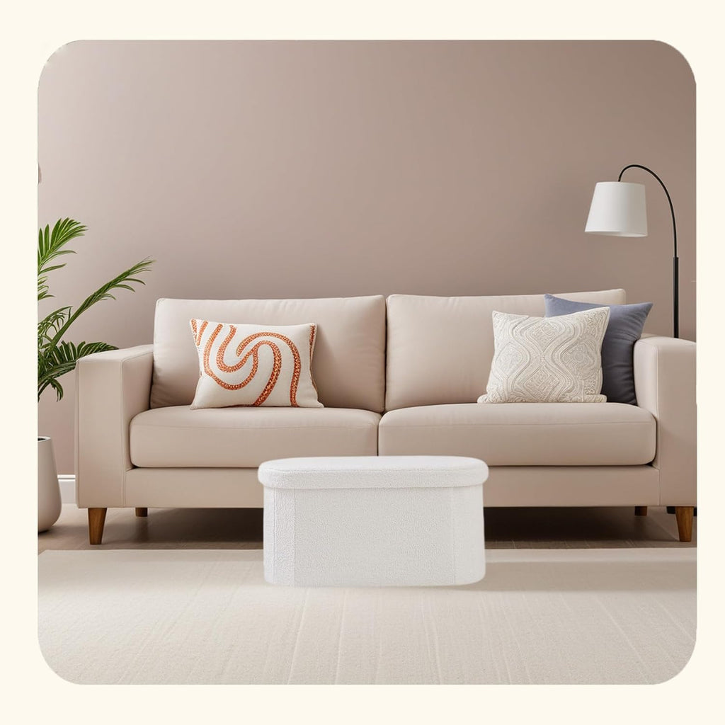 PINPLUS Storage Ottoman Bench Tufted Oval with Storage for Living Room Boulce Foot Rest, Velvet Foot Rest 30"x15"x15" White