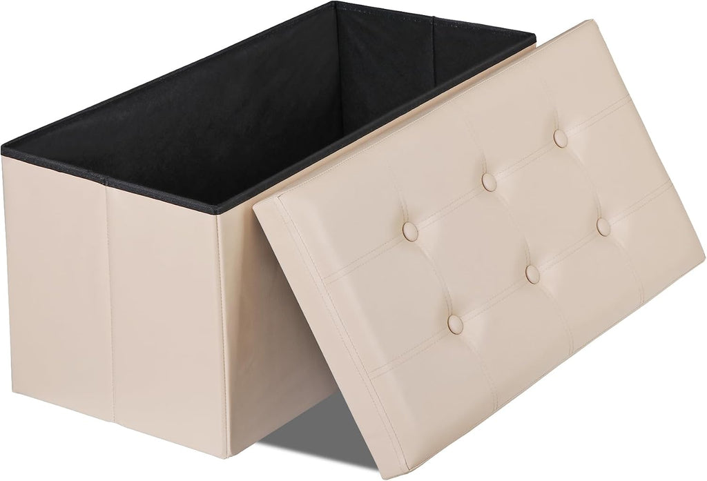 Nouva 30 Inches Ottoman Storage Bench, Folding Design Storage Chest Faux Leather Ottomans Footrest for Bedroom Living Room Office,Entryway, Beige