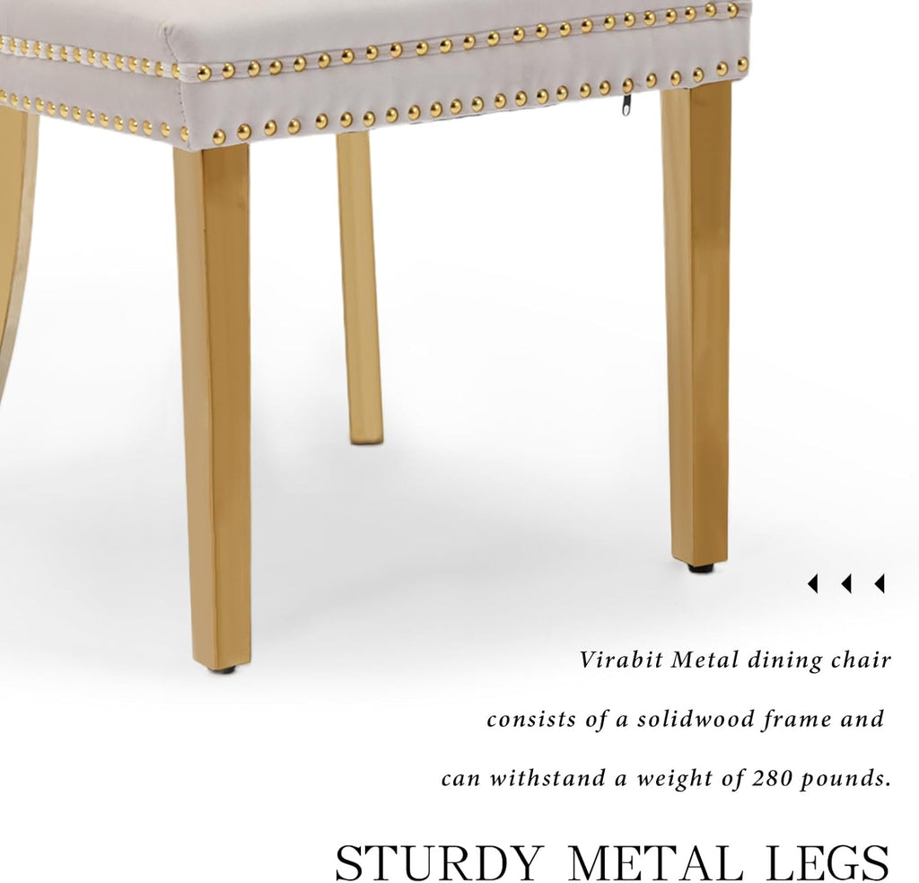 Velvet Dining Chair Set of 2,Upholstered Tufted Dining Room Chair with Nailhead Trim and Stainless Steel Gold Leg for Kitchen,Beige