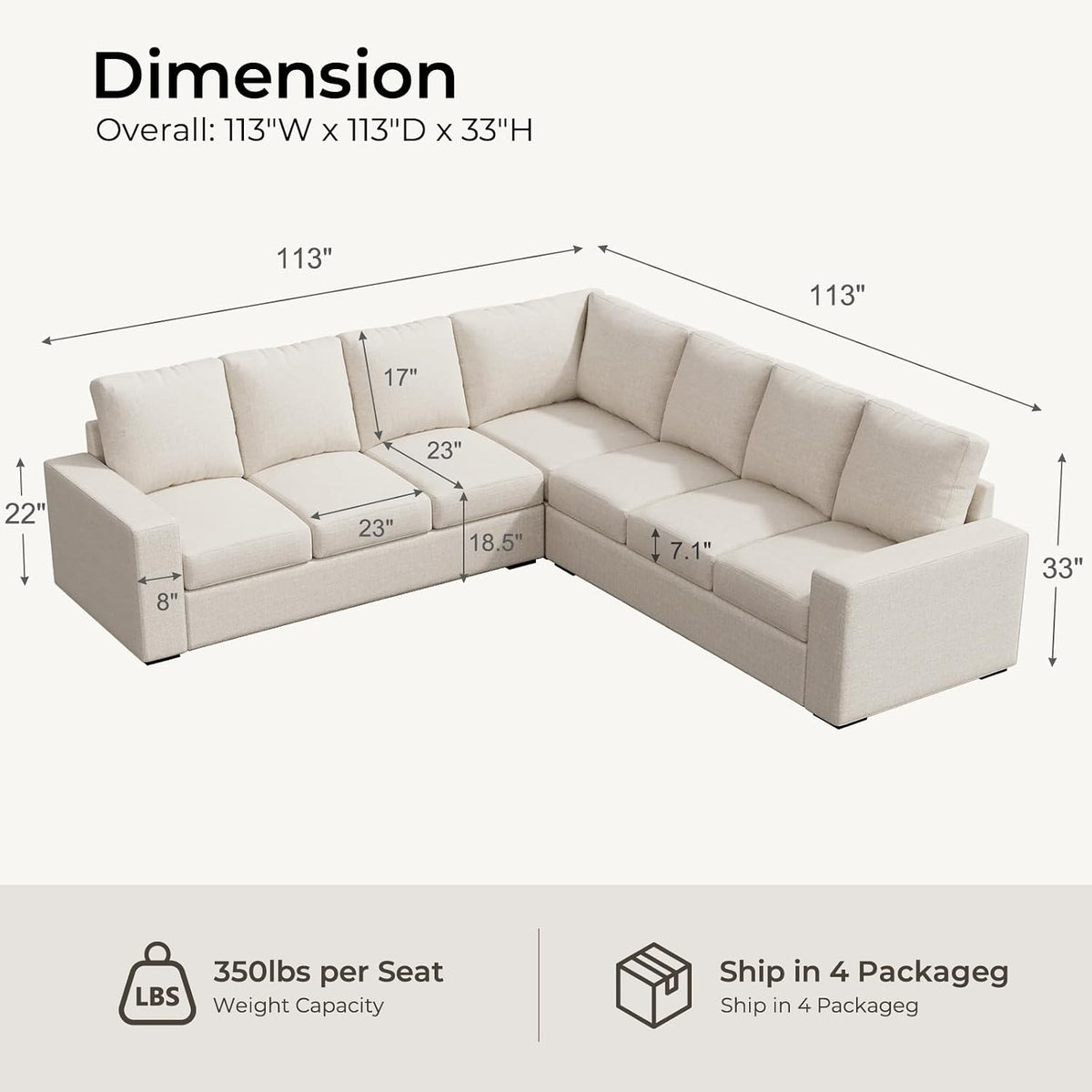 ELUCHANG 113" V-Shaped Modular Sectional Sofa Couch, Modern 7-Seat Comfy Linen Deep Seat Sofa with Corner, Removable Cover, Easy Assembly, Large Sofas & Couches for Living Room, Office, Beige