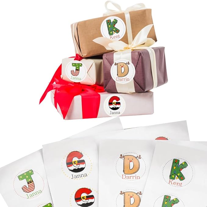 Personalized Christmas Name Stickers Xmas Decorations Initial Gift Stickers | 4 Initial Design | Custom Waterproof Cute Labels for Gift Box, Party Decorations, Envelopes | 30 Pcs ﻿