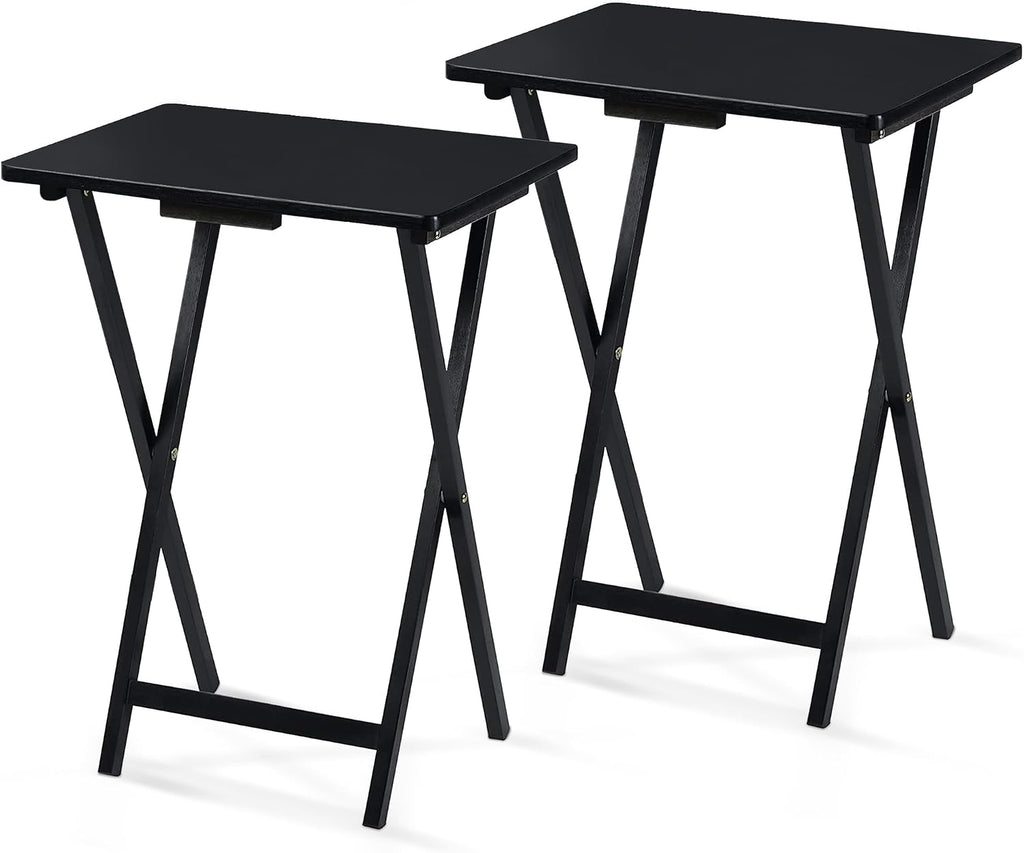 PJ Wood - Folding TV Tray Table Set of 2 - Black Collapsible Snack Tables | Solid Rubberwood Construction, Fully Assembled, 19.09 x 14.57 x 25.98 in, Cross Base Glide Feet, Storage Rack Included, 5 lb