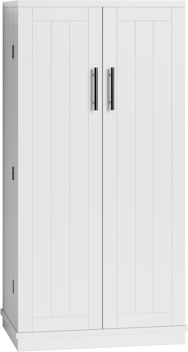 SUNLEI 47" Kitchen Pantry Storage Cabinet, Modern Freestanding Pantry Storage Cabinet with Adjustable Shelves, Buffet Cupboards Storage for Kitchen, Dining Room, White