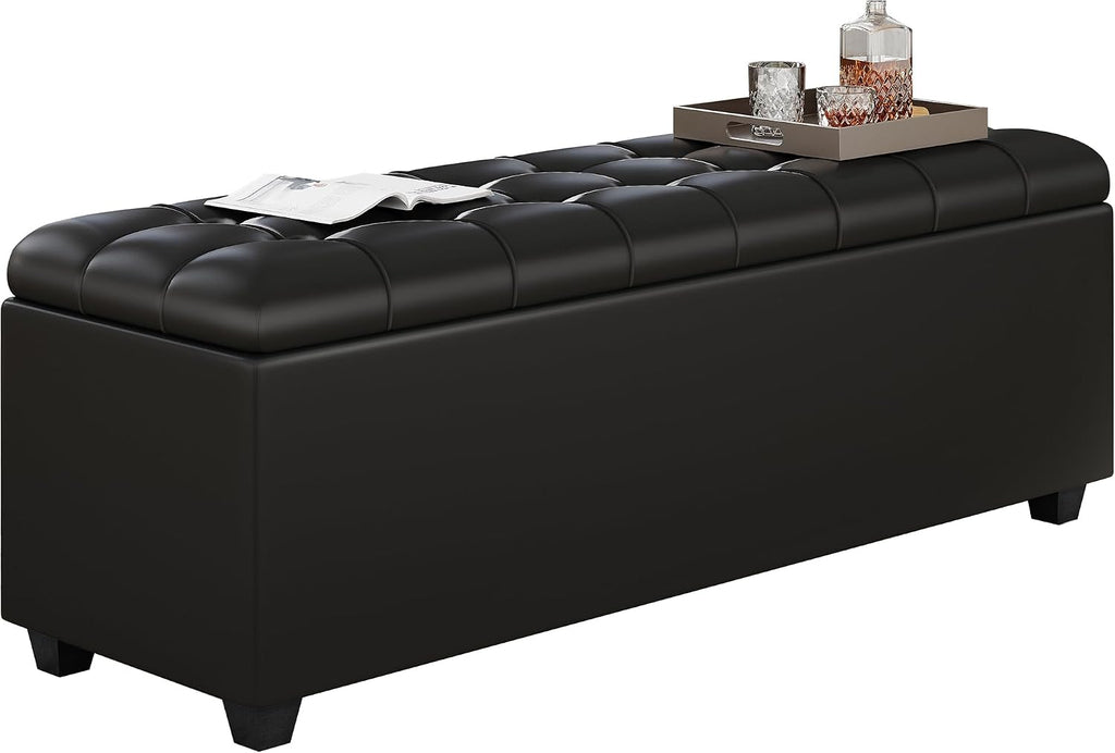 38-inch Black Faux Leather Storage Ottoman Bench with Seat & Footrest Function - End of Bed Bench for Bedroom, Living Room & Entryway
