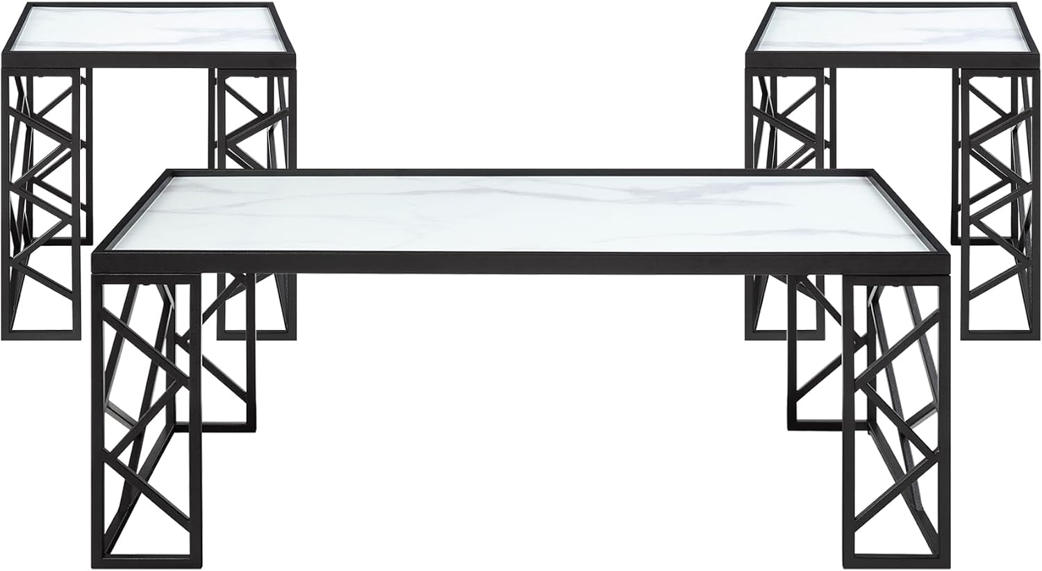 3pc Tables Set with Tempered Glass Top and Black Metal Frame | Includes 3-piece set with white marble-print tempered glass tops