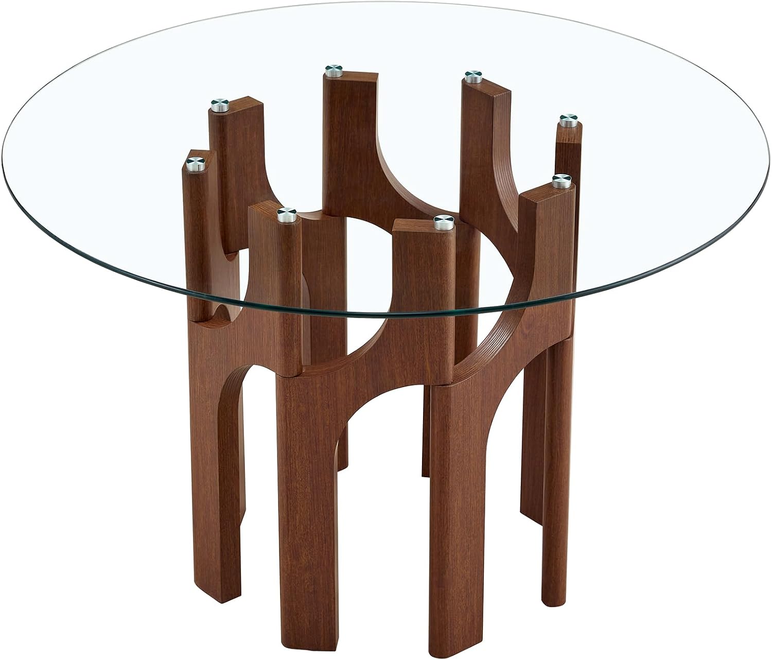 Round Dining Table,46 Inch Glass Kitchen Dining Room Table with Wooden Walnut Pedestal Base,Modern Circle Clear Glass Top 4-6 Person Dinner Table for Small Spaces Home/Apartment