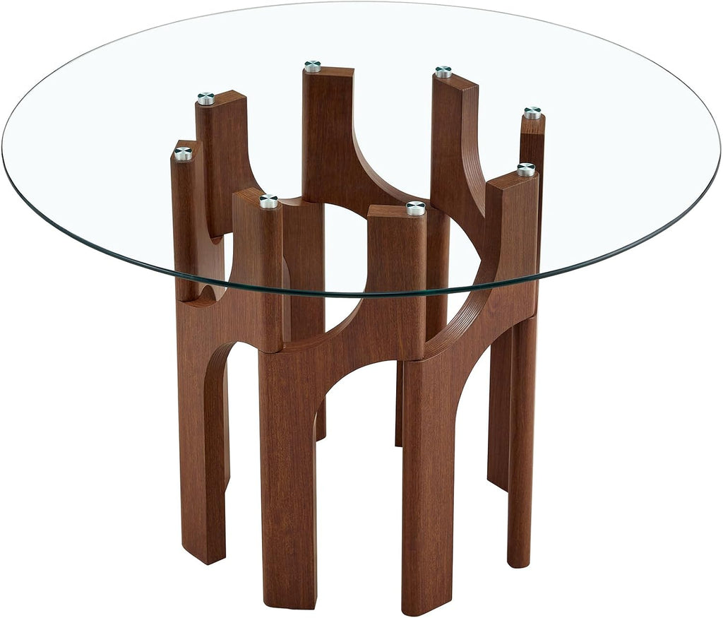Glass Round Dining Table for 4 6 Person, 46 Inch Glass Kitchen Dining Room Table with Wooden Walnut Pedestal Base,Modern Circle Clear Glass Top Dinner Table for Small Spaces Home/Apartment
