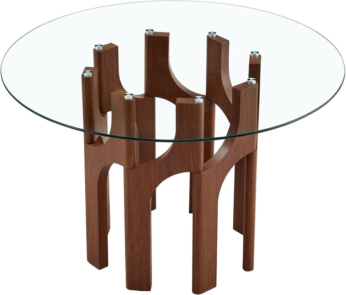 Glass Round Dining Table for 4 6 Person, 46 Inch Glass Kitchen Dining Room Table with Wooden Walnut Pedestal Base,Modern Circle Clear Glass Top Dinner Table for Small Spaces Home/Apartment