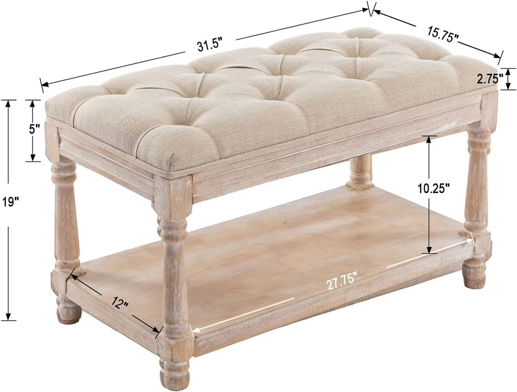 Farmhouse Storage Bench Wooden Entryway Linen Upholstered Ottoman Button Tufted Bench for Bedroom End of Bed Hallway Organizer, Beige, 32 Inch